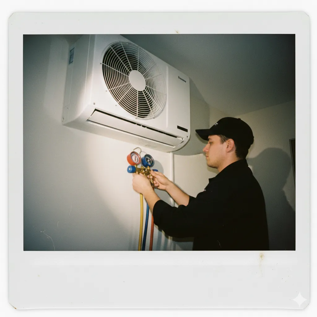 Technician performing AC gas refilling in Kolkata